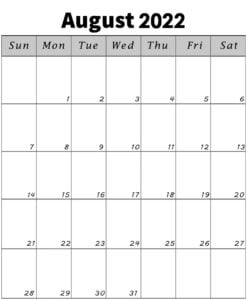 blank august 2022 vertical calendar