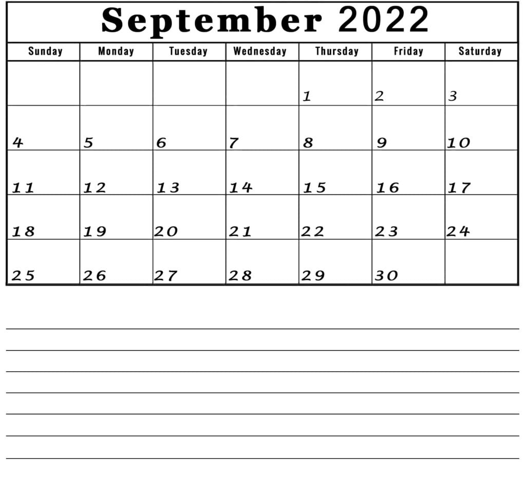 september 2022 calendar with notes lines section printable blank