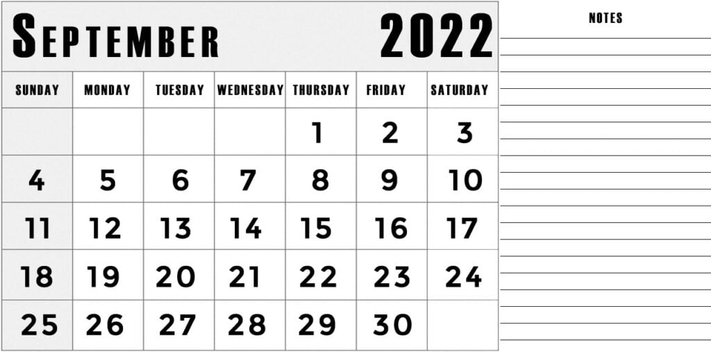 september 2022 calendar with notes section lines template