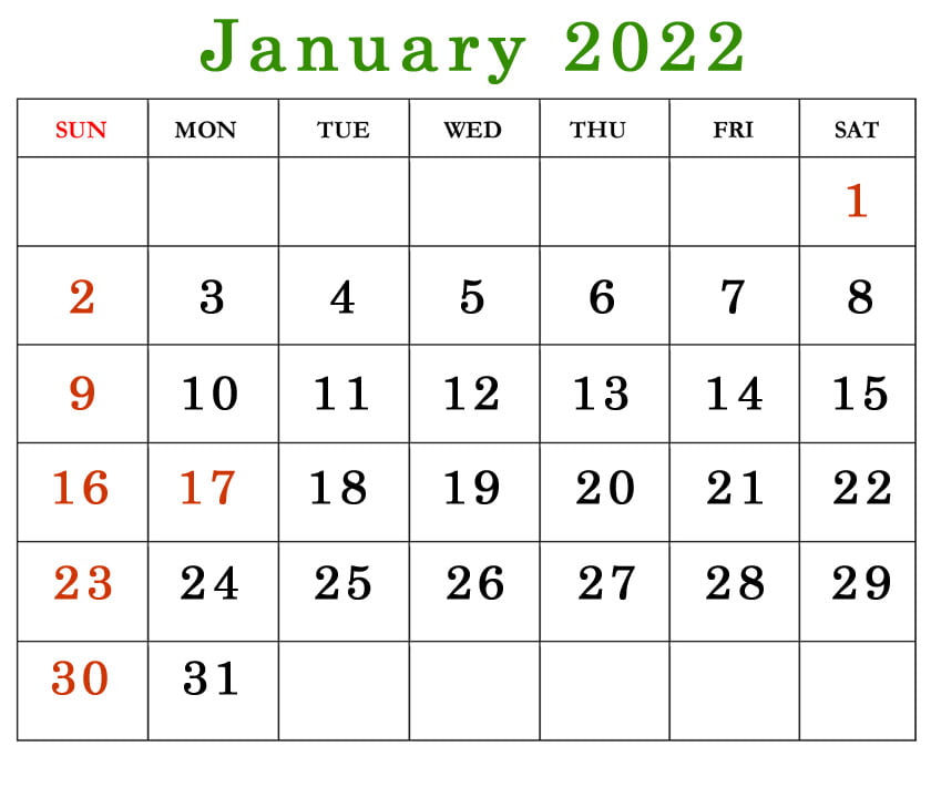 2022 january calendar with holidays USA free printable