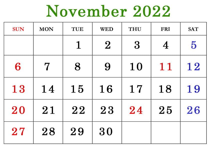 2022 november calendar with holidays USA free printable