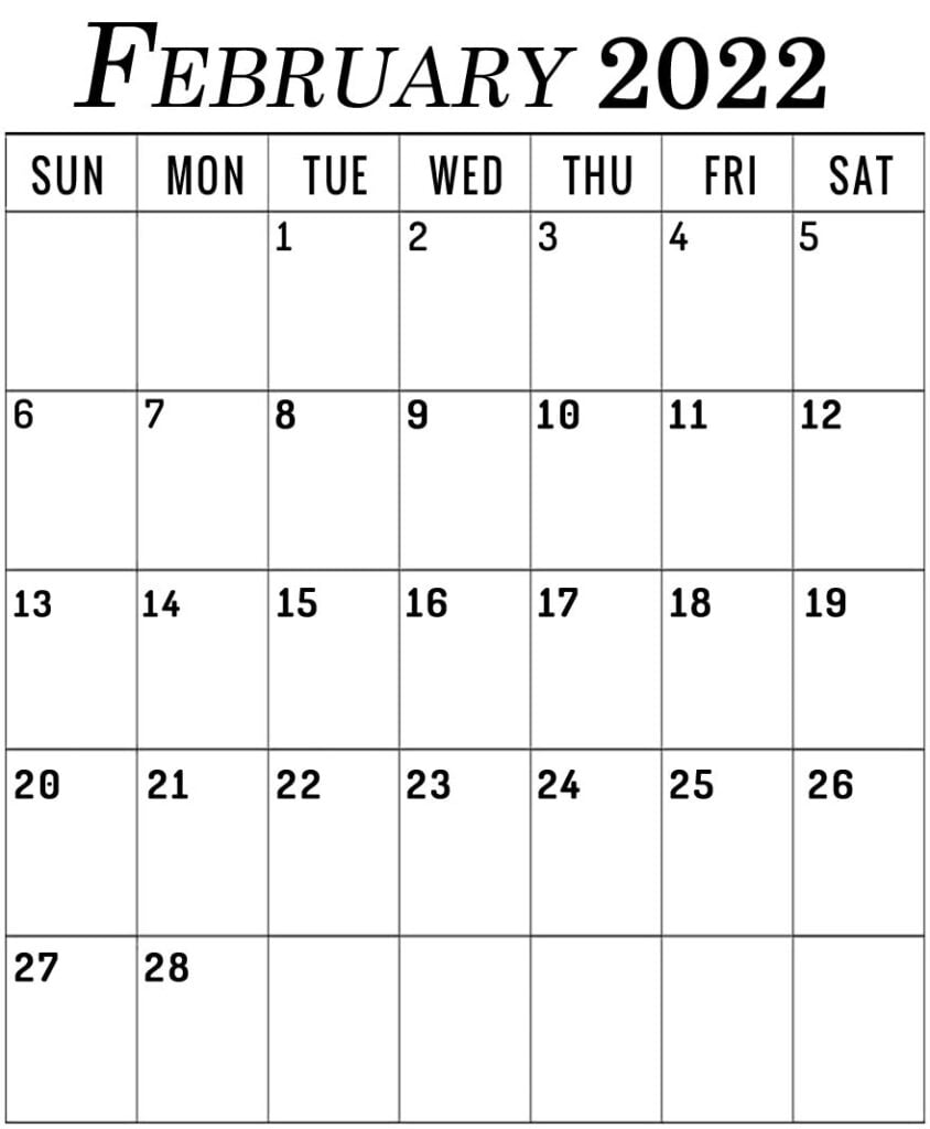 February 2022 vertical calendar portrait printable free
