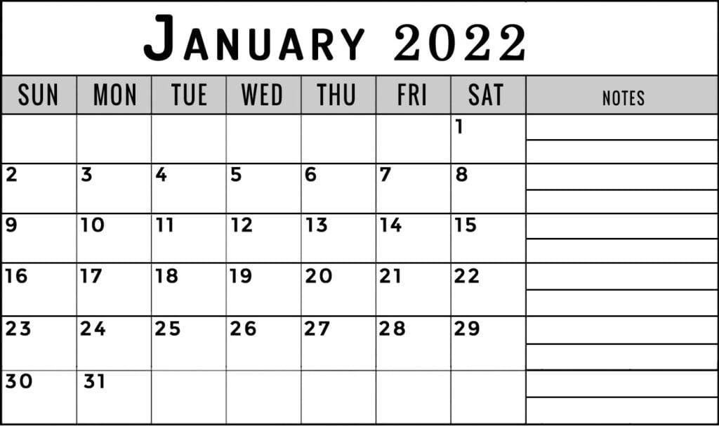 January 2022 calendar with notes section