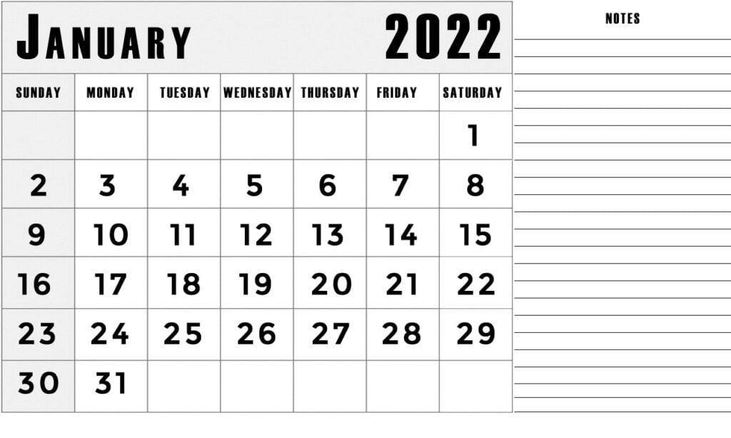 January 2022 calendar with notes section lines template