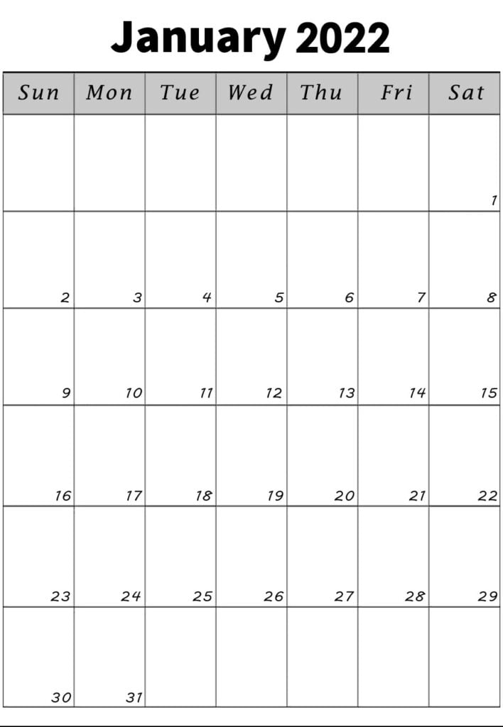 January 2022 vertical calendar portrait printable free