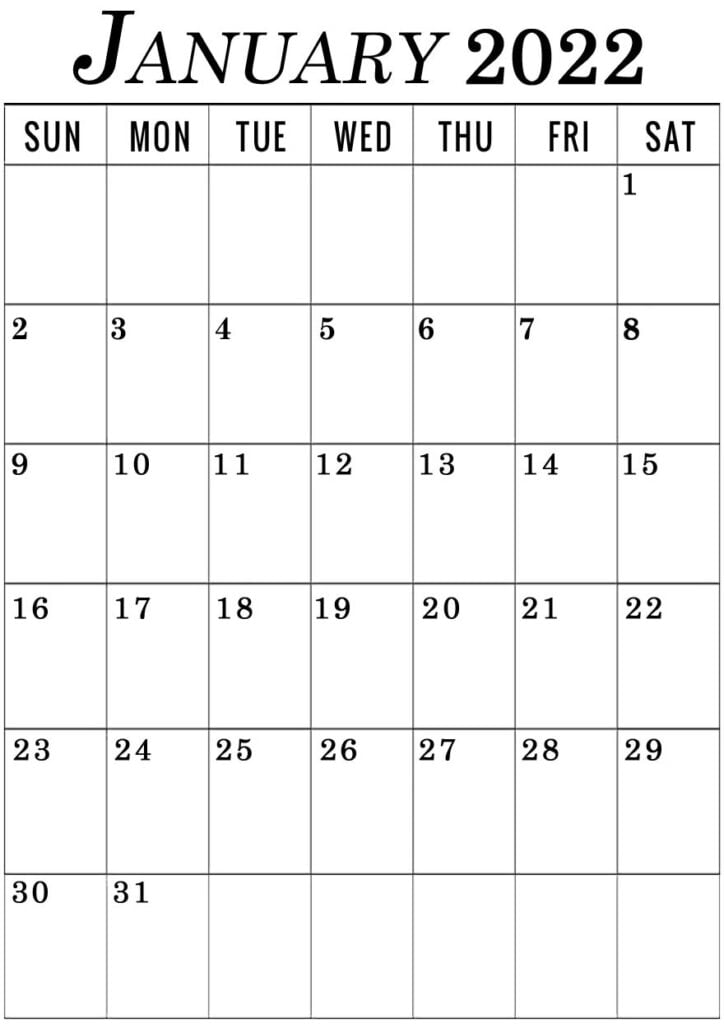 January 2022 vertical calendar printable portrait