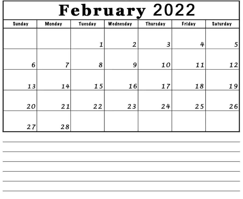 blank February 2022 calendar with notes lines printable