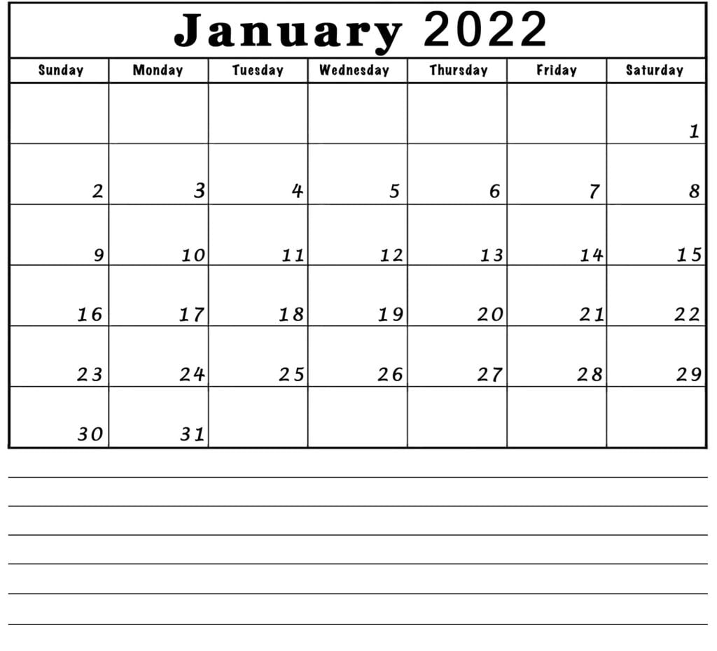 blank January 2022 calendar with notes lines printable