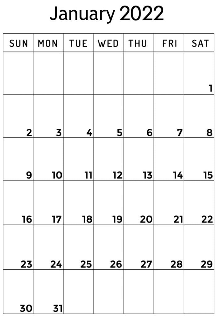 blank January 2022 vertical calendar