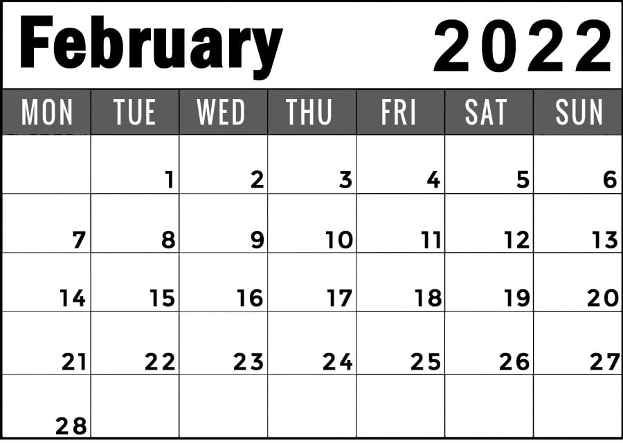 february 2022 calendar monday start printable
