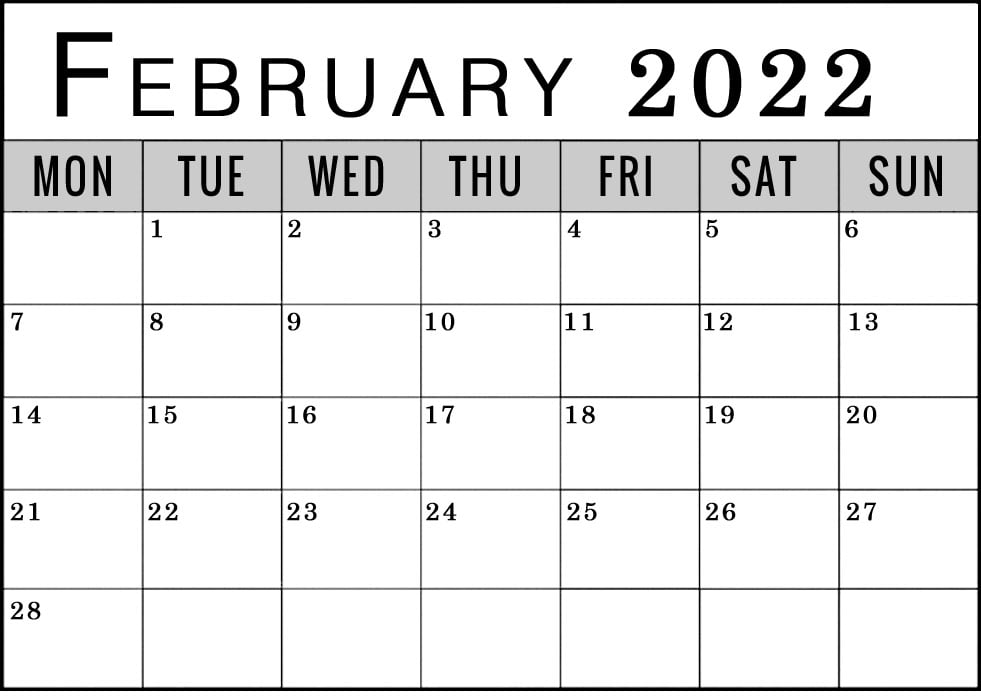 february 2022 calendar monday start to sunday