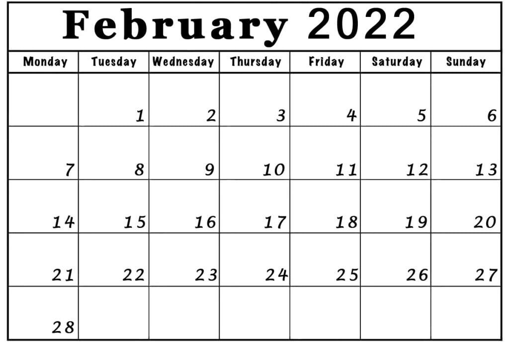 february 2022 monday through friday to sunday calendar