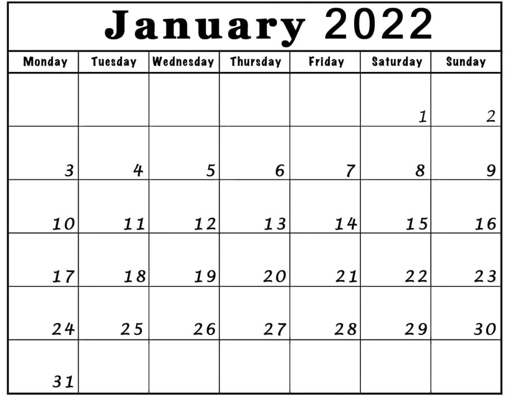 january 2022 calendar monday start to sunday