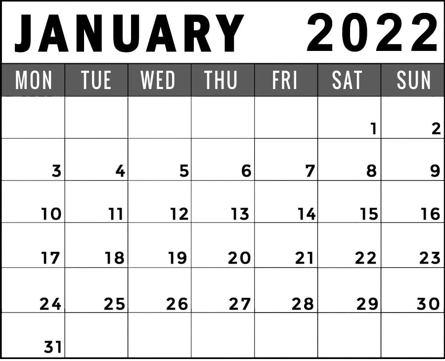 january 2022 calendar monday start