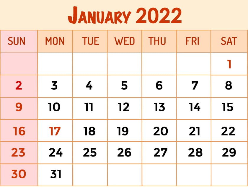 january 2022 calendar with holidays