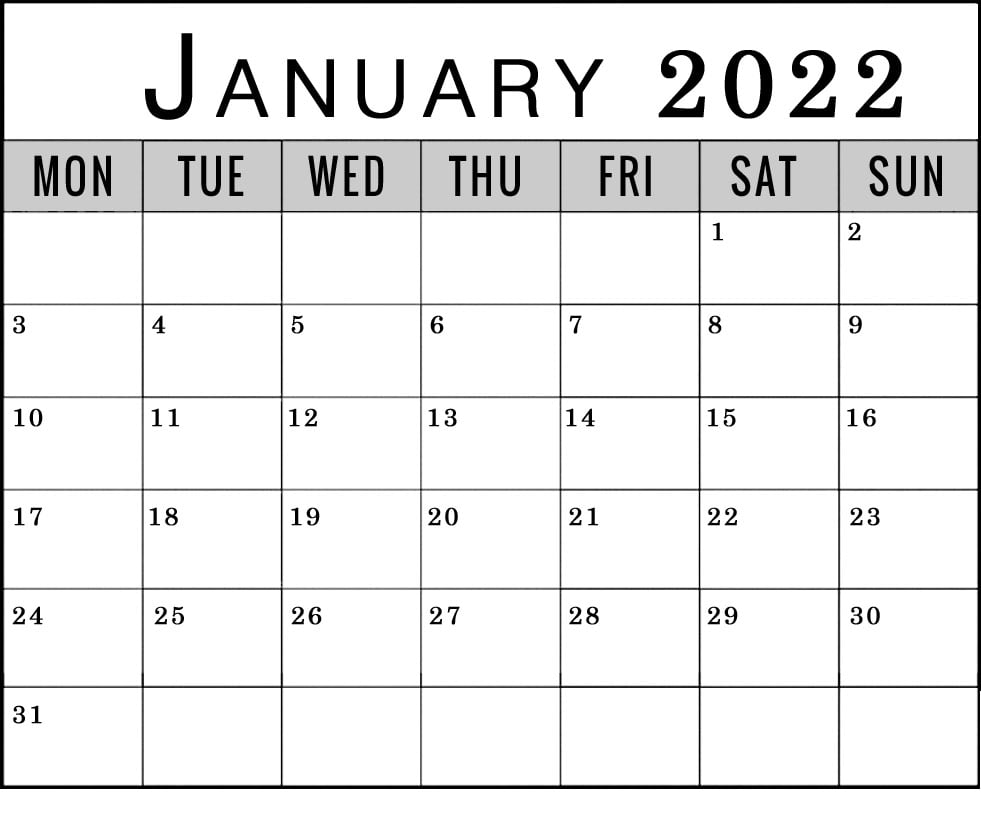 january 2022 monday through friday to sunday calendar