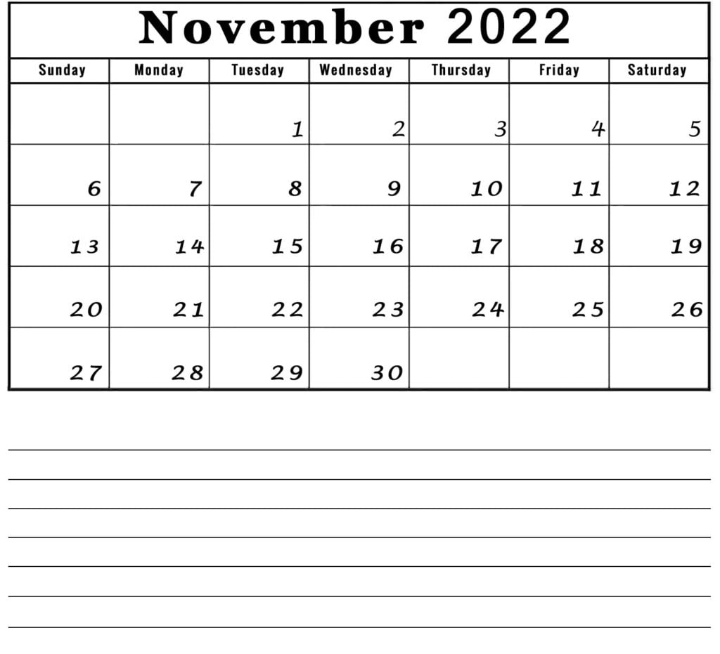 november 2022 blank calendar with notes lines printable