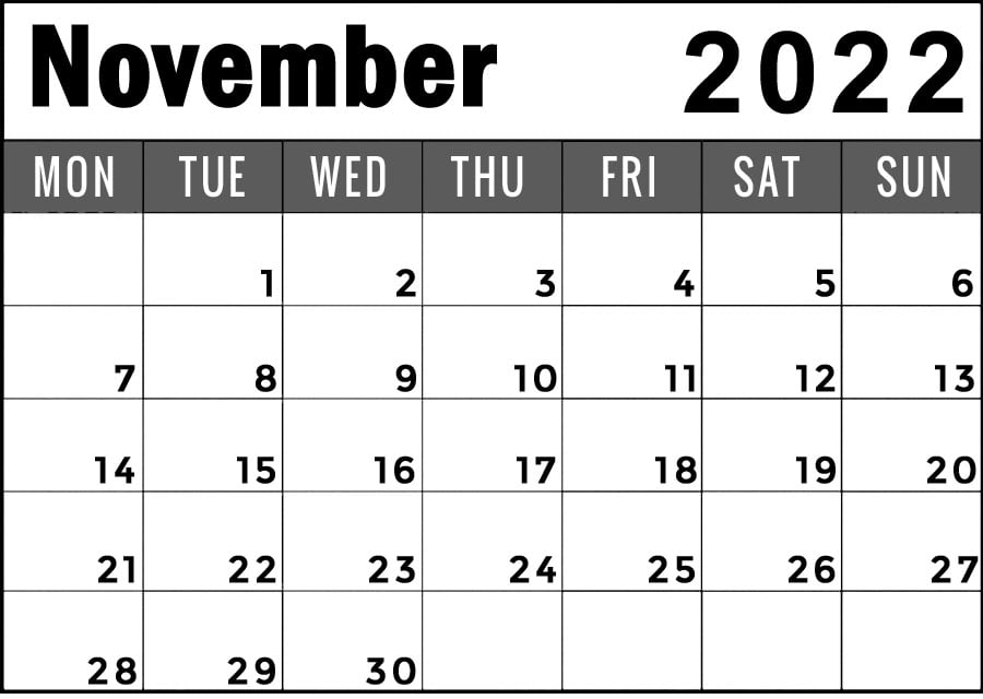 november 2022 calendar monday start printable