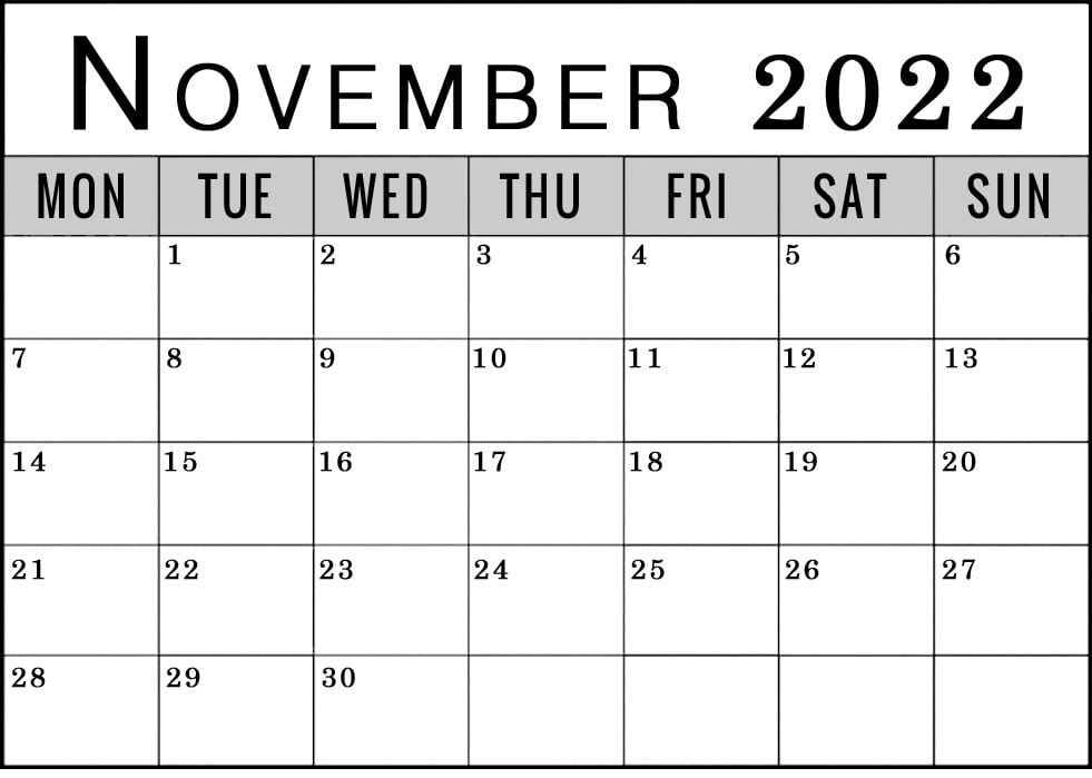 november 2022 calendar monday start to sunday