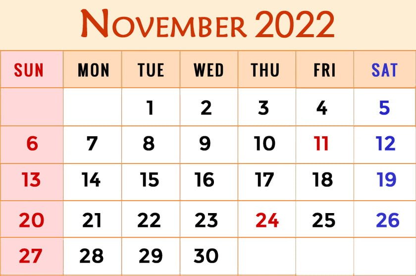 november 2022 calendar with holidays