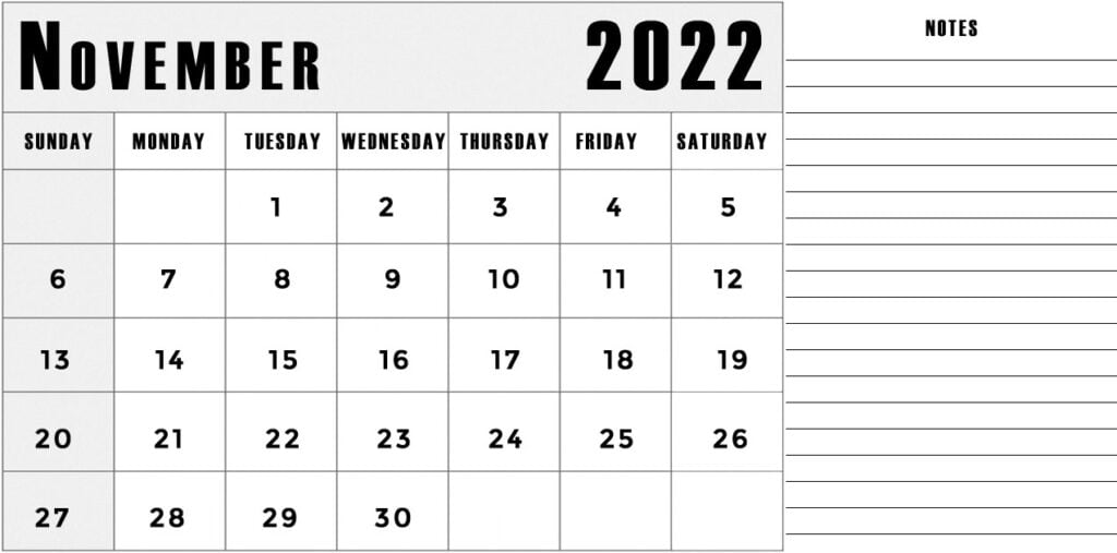 november 2022 calendar with notes section lines template