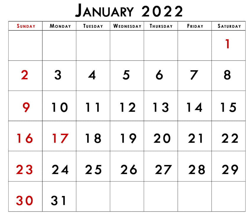 Printable january 2022 calendar with holidays