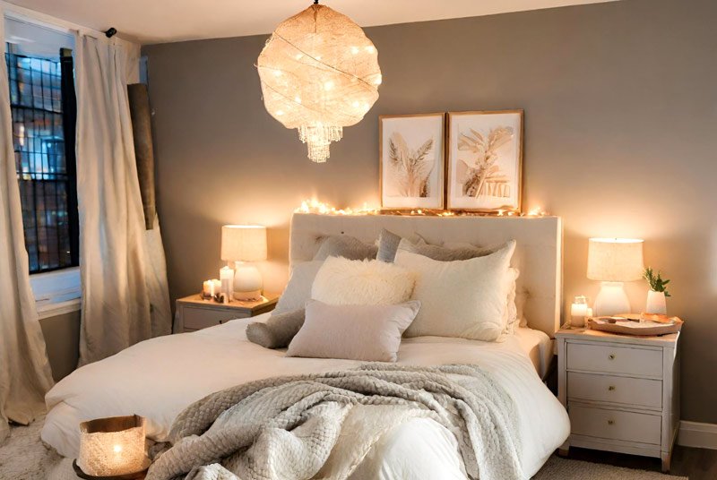Cozy neutral bedroom Warm Lighting 