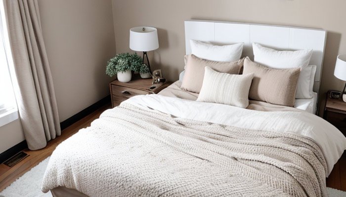 cozy neutral bedroom with modern pillows bedding