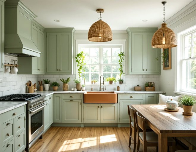 Sage Green & Warm Wood Tones