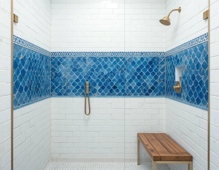 Blue Moroccan Fish Scale Tiles with White Subway Tiles