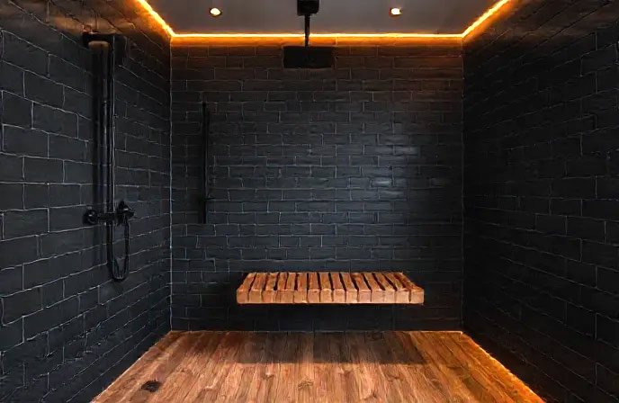 Matte Black Tiles with Wood-Look Porcelain