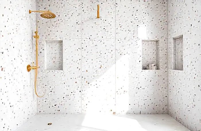 Terrazzo Walls with Sleek White Floor Tiles