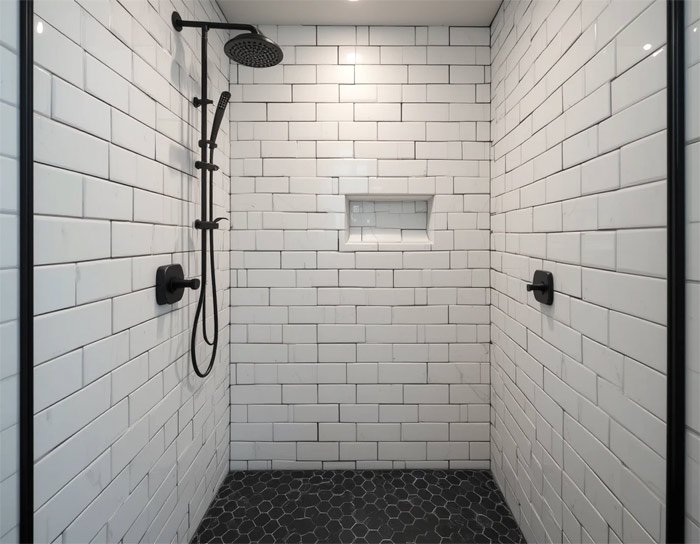 Classic White Subway Tiles with Black Hexagon Floor Tiles