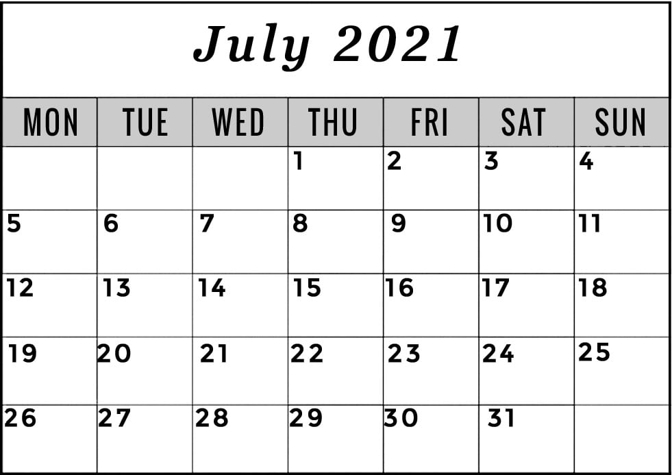 July 2021 calendar Monday start to sunday