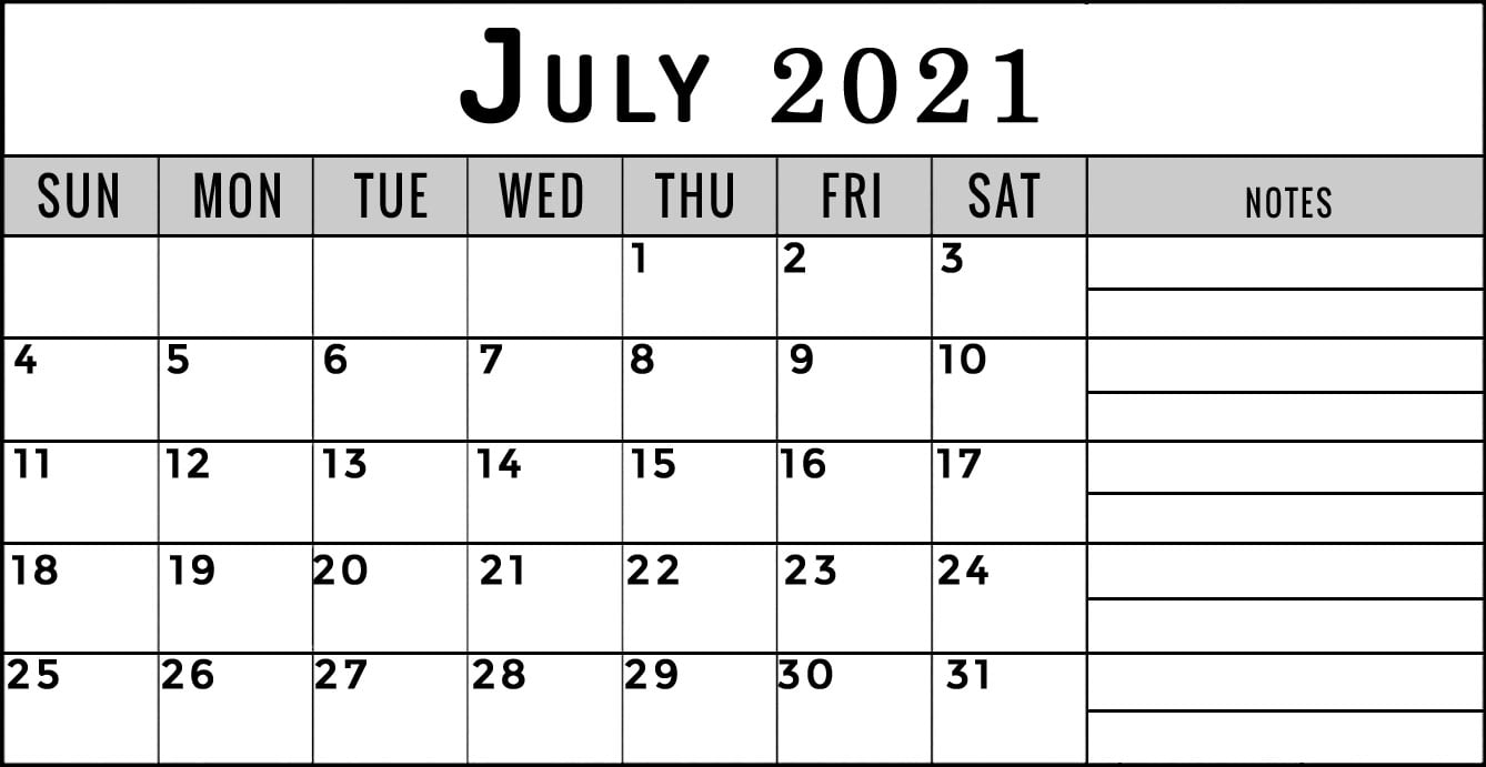 July 2021 calendar with notes