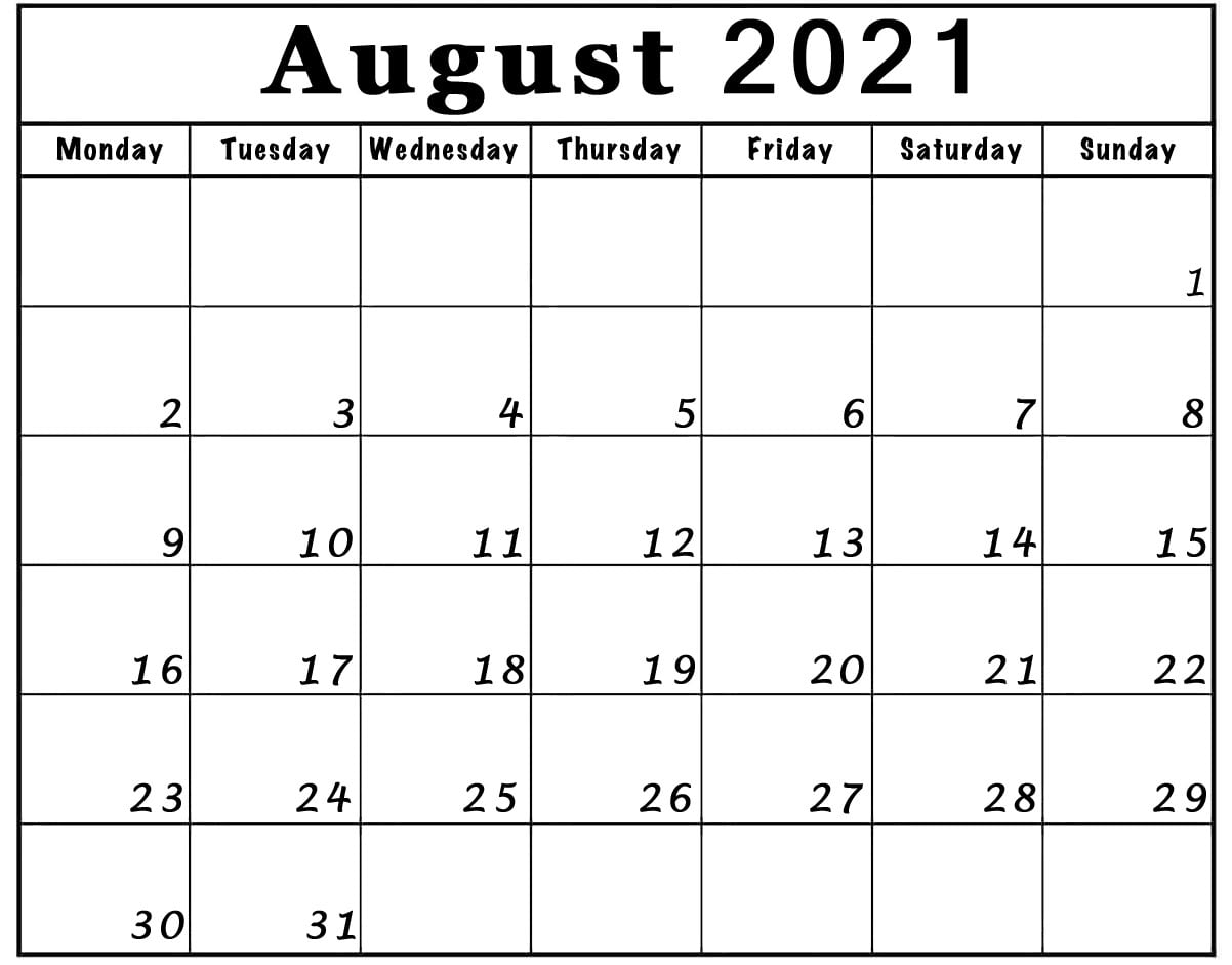 august 2021 calendar monday start to sunday