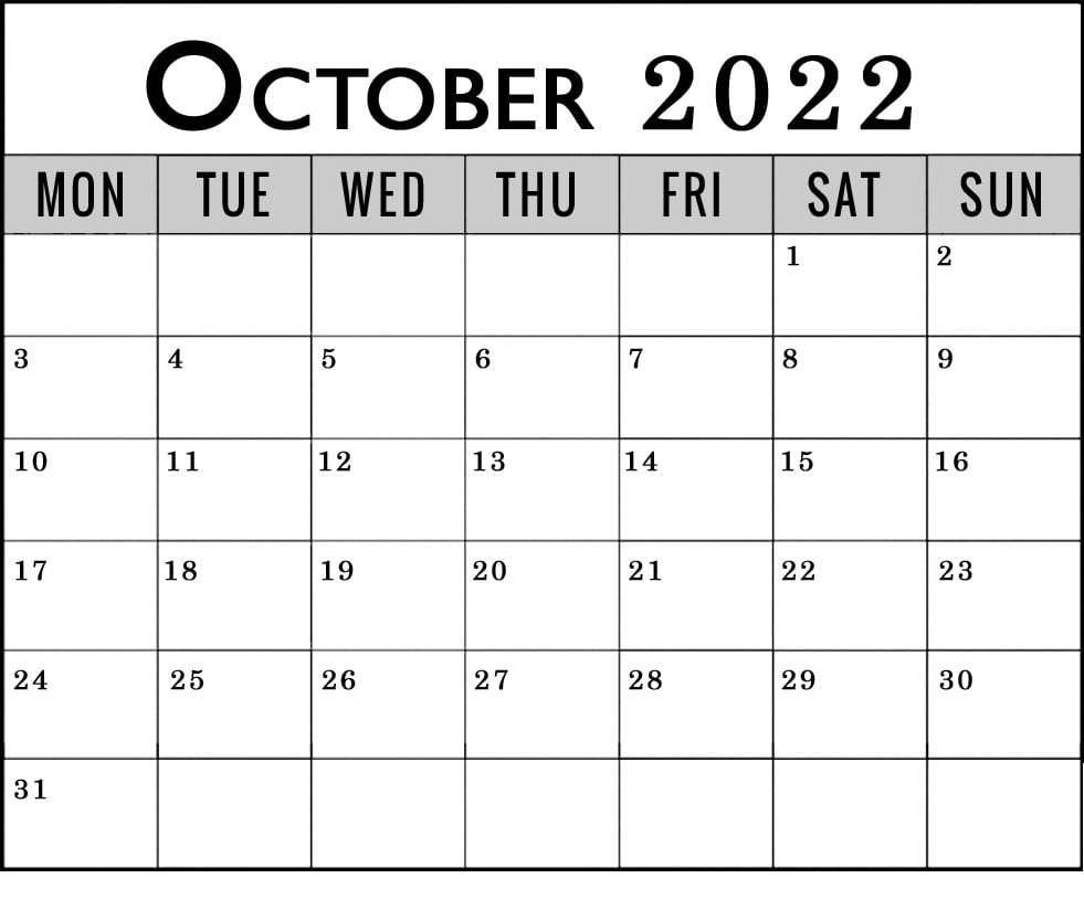 october 2022 calendar monday start to sunday