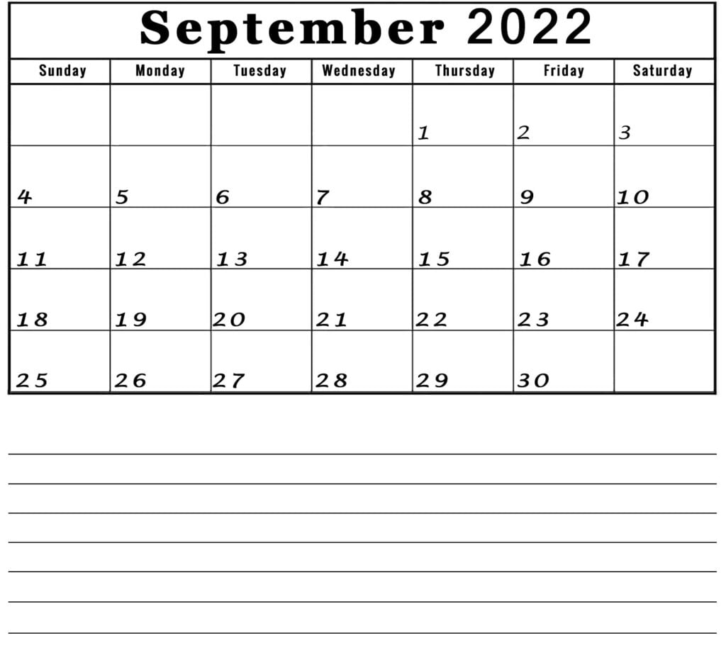 september 2022 calendar with notes lines section printable blank