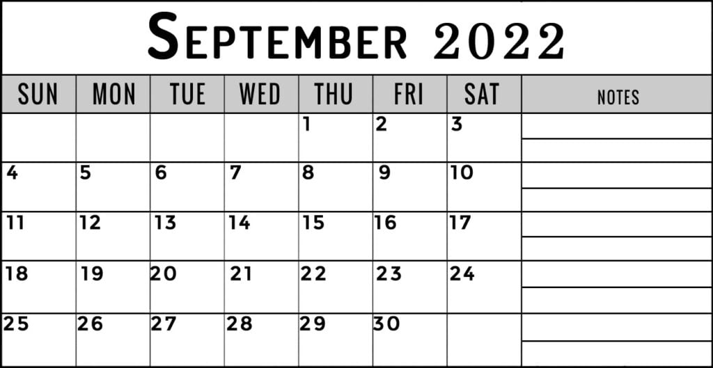 september 2022 calendar with notes section