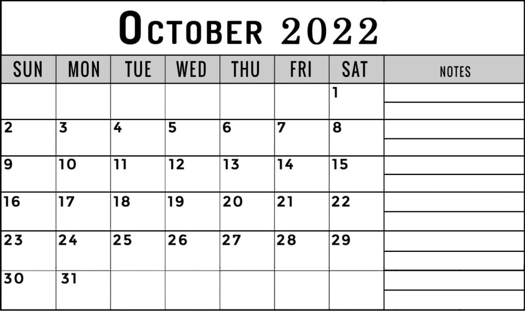 october 2022 calendar with notes