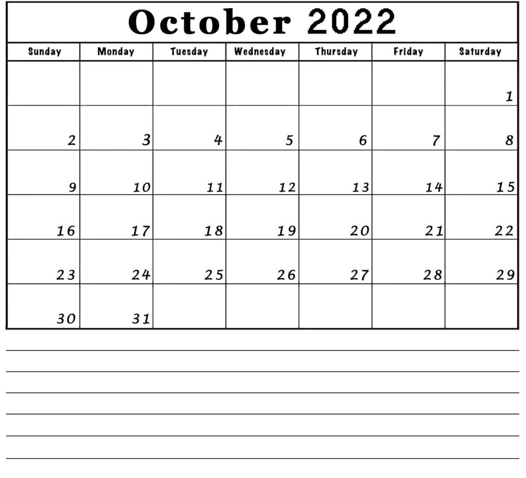 october blank 2022 calendar with notes lines printable