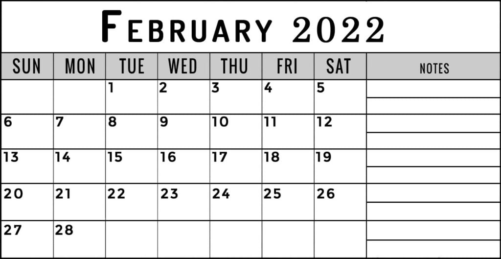 February 2022 calendar with notes section