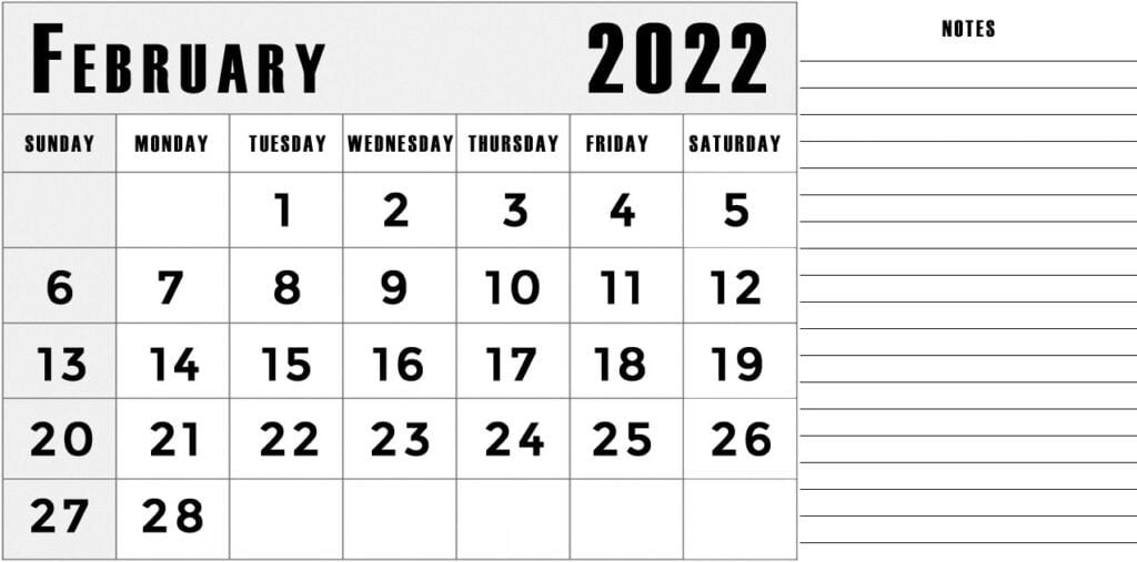 February 2022 calendar with notes section lines template