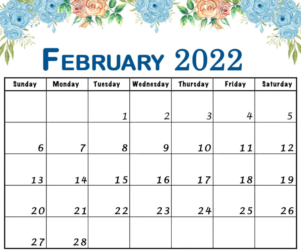 February 2022 floral calendar printable with flowers landscape