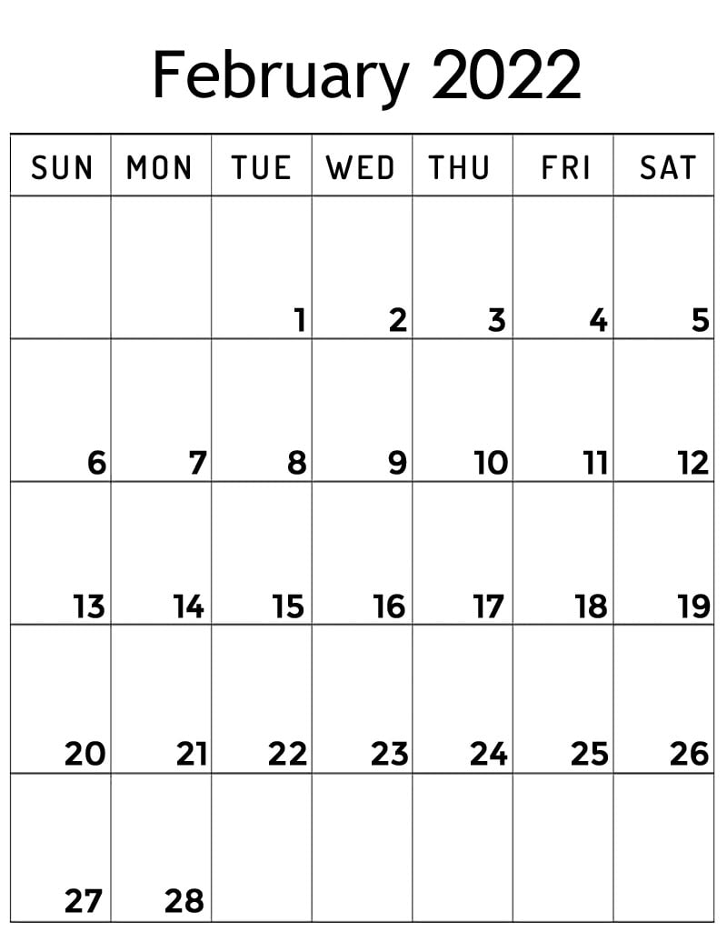 blank February 2022 vertical calendar