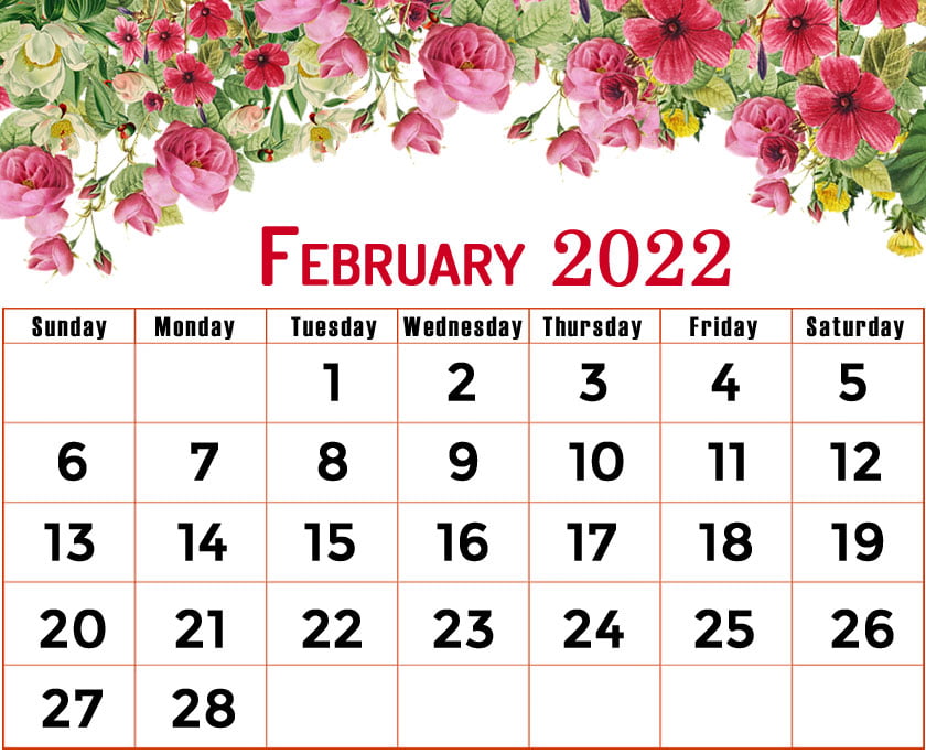 floral February 2022 calendar printable