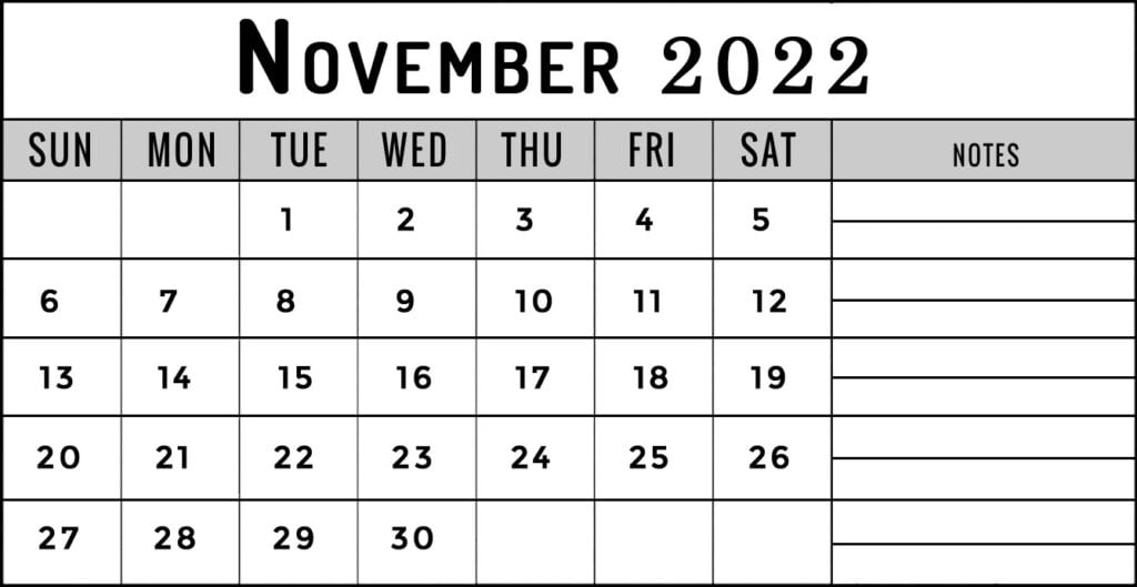 november 2022 calendar with notes section