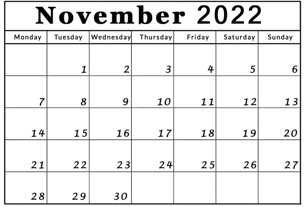 november 2022 monday through friday to sunday calendar