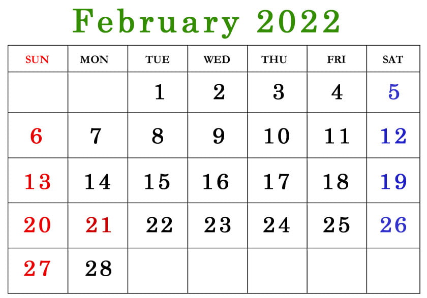 printable february 2022 calendar with American holidays