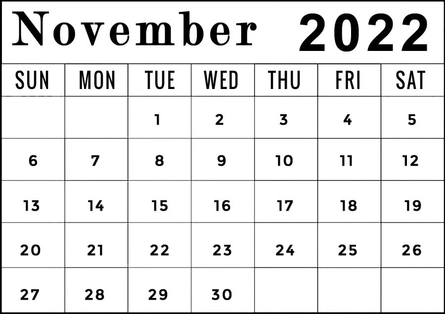 printable november 2022 blank calendar landscape template
